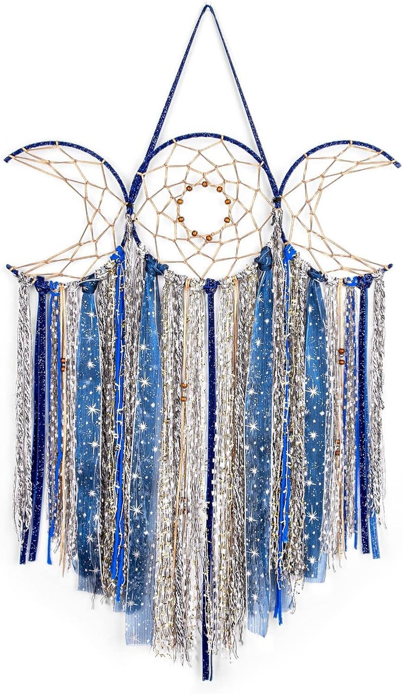 ANROYE Blue Triple Moon Goddess Macrame Wall Hanging, Boho Wiccan Crescent Dream Catcher, Bohemian Dreamcatcher Art for Women, Hippie Woven Pagan Tapestry Decor for Bedroom Decoration - Image 1